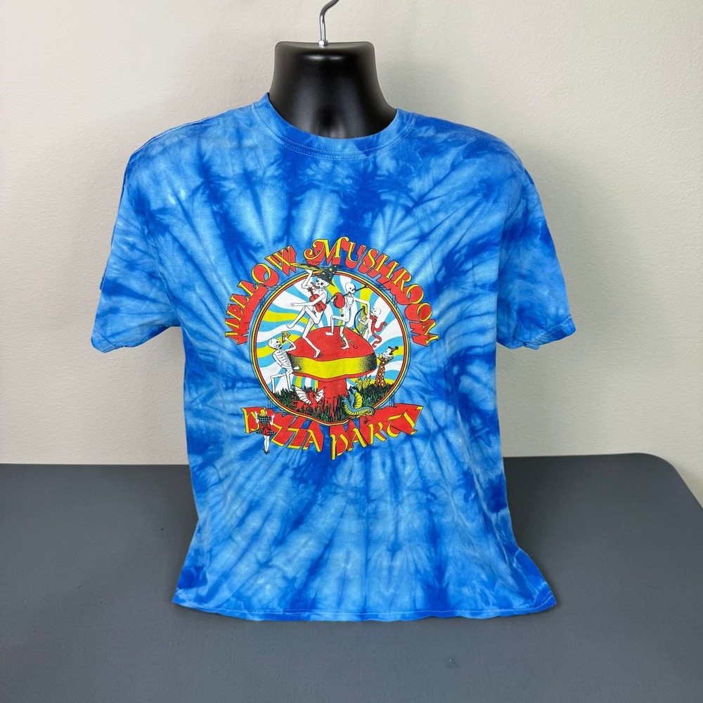 Mellow Mushroom T-Shirt Mens Large Pizza Party Tie Dye Blue Graphic Skeletons - Picture 2 of 4